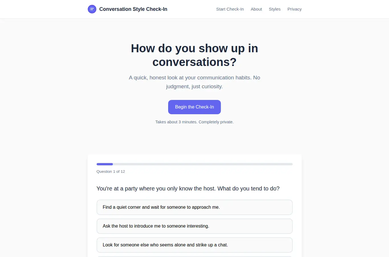 Screenshot of Conversation Style Check-In interface showing the project page in use